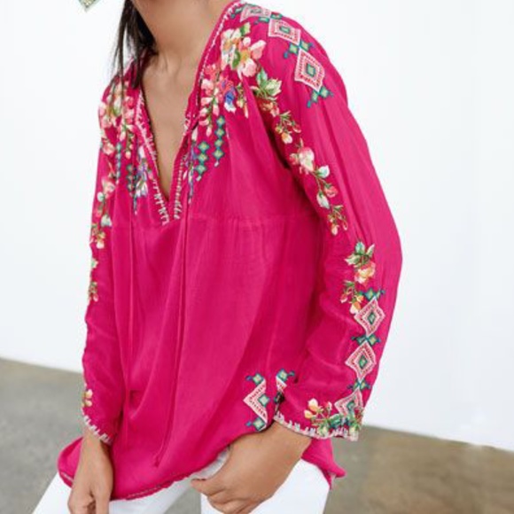 Johnny Was Tops - Johnny Was Vanessa Blouse Tunic Silk Embroidered M